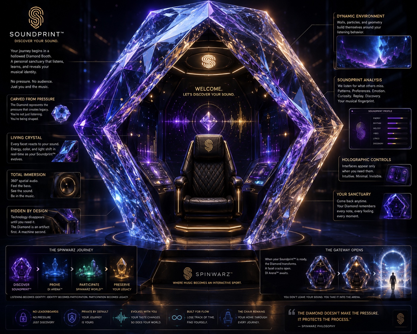 Soundprint Diamond Booth concept showing a crystal listening sanctuary, its responsive systems, the Spinwarz journey, and the gateway into DI Arena